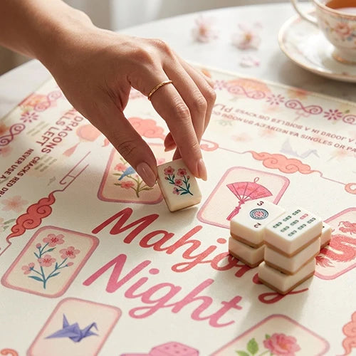 NEW Pink Floral Mahjong Mat, Non-Slip Noise-Reduction Game Mat, Square Table Mat