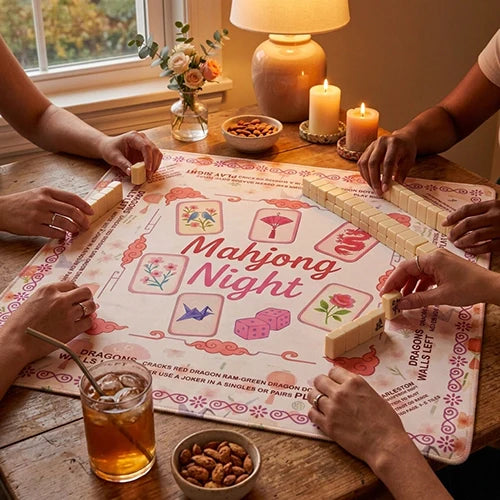 NEW Pink Floral Mahjong Mat, Non-Slip Noise-Reduction Game Mat, Square Table Mat