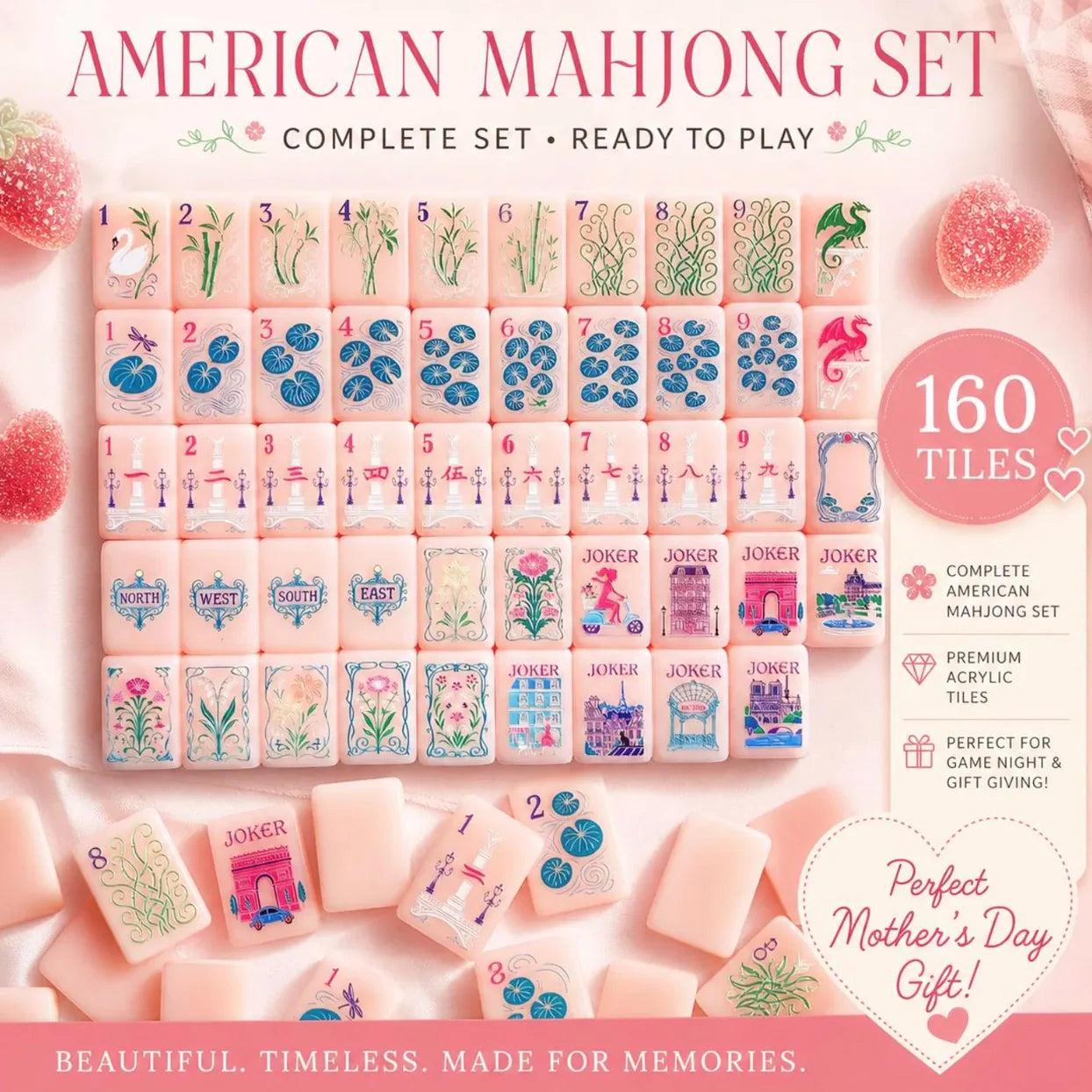 Luxury Pastel Floral American Mahjong Set — Large 1.42" Acrylic Tiles, Custom-Designed